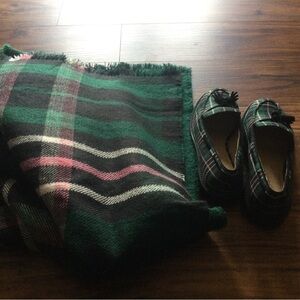 Ann Taylor plaid shoes and matching shawl/scarf.